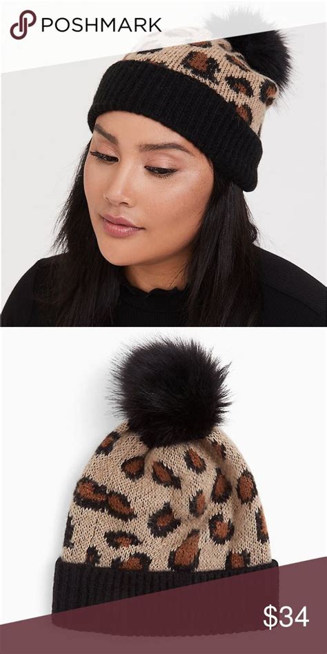 Leopard And Black Faux Fur Pom Pom Beanie Knit Beanie Hat Pom Beanie