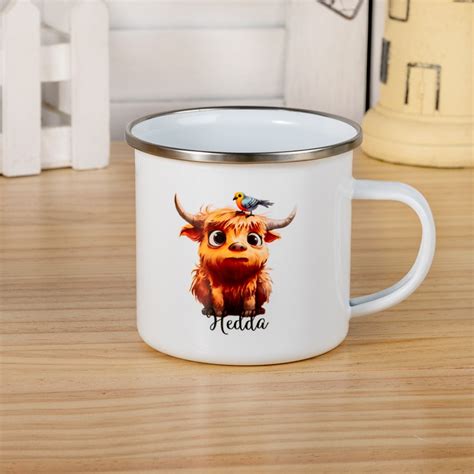 Personalized Name Highland Cow Mug, Hot Cocoa Mug for Kid, Enamel ...