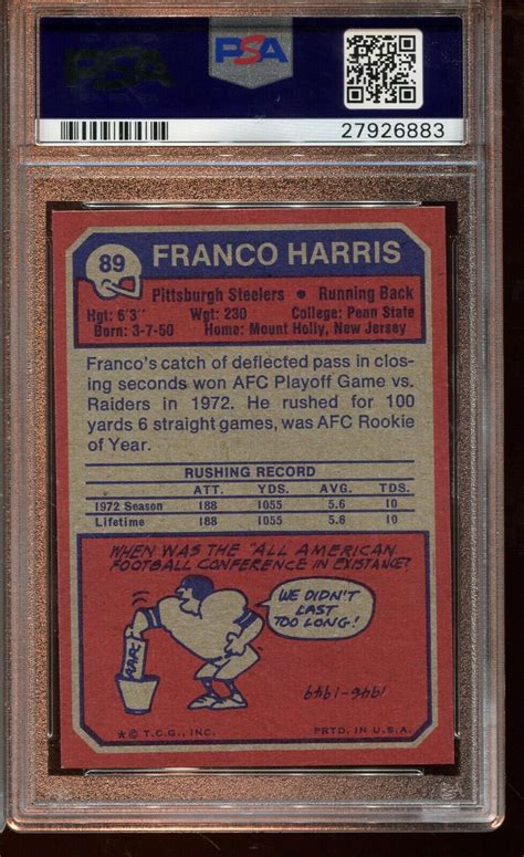 1973 Topps Football 89 Franco Harris Rookie Card Graded PSA 9 MINT