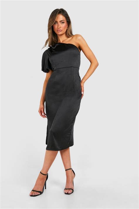 Satin Puff Sleeve Asymmetric Midi Dress Boohoo Uk