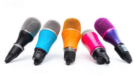 Five Colorful Microphones Arranged In A Semicircle On A White