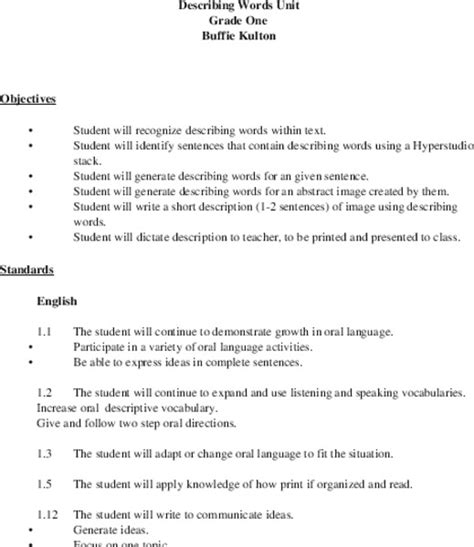 Describing Words Lesson Plan For 1st Grade Lesson Planet