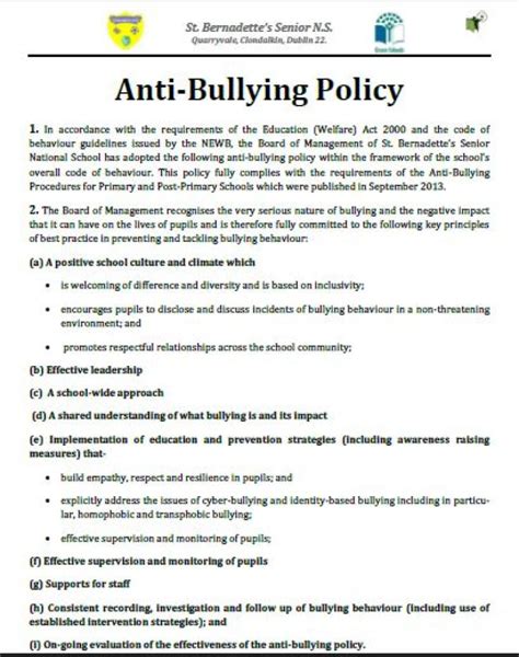 Anti Bullying Policy St Bernadettes Senior National School