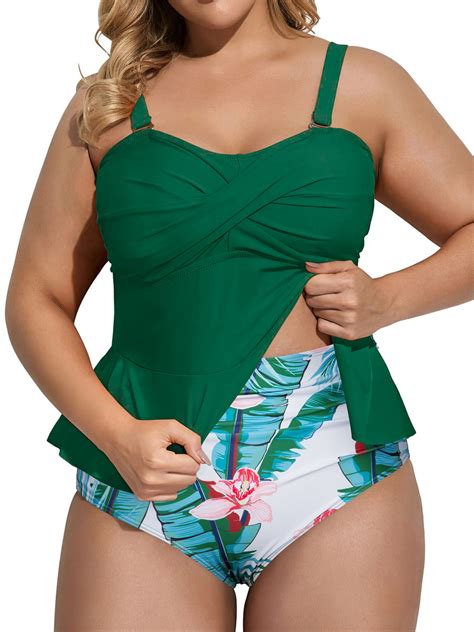 Women Plus Size Two Piece Swimsuits High Waisted Bikini Set Ruffle Flounce Tummy Control Bathing