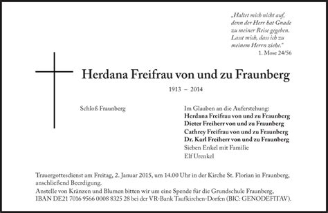 Traueranzeigen Von Herdana Freifrau Von Und Zu Fraunberg Sz Gedenken De