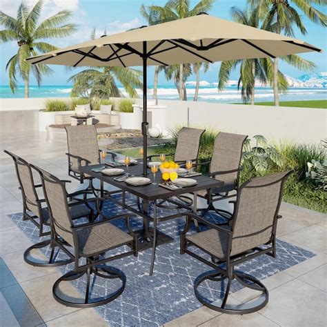 PHI VILLA 8 Piece Metal Outdoor Patio Dining Set With Padded Textilene