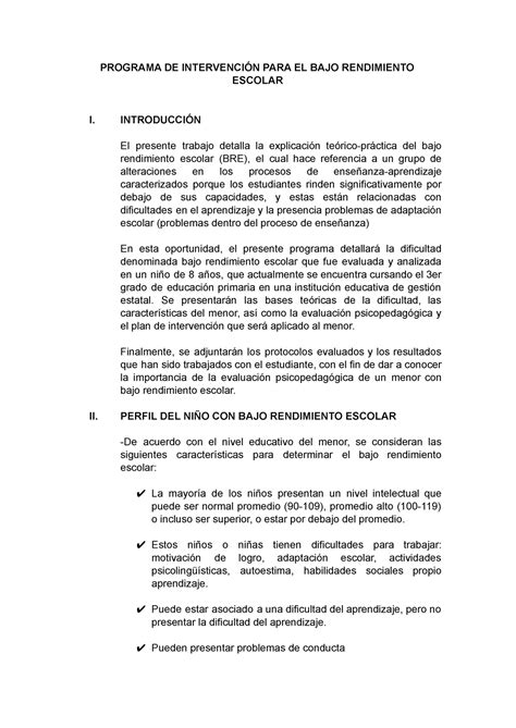 Programa DE Intervención PARA EL BAJO Rendimiento Escolar BRE 20