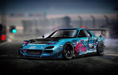 Wallpaper Auto, Blue, Machine, Drift, Mazda, Illustration, Mazda rx7, Mazda RX-7, RX7, Vinyls ...