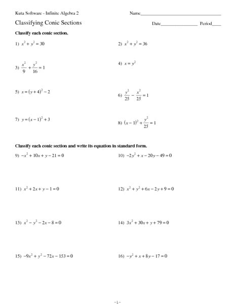 Classifying Conic Sections Worksheet For 10th 11th Grade Lesson Planet