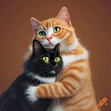 Orange Fluffy Cat And Tuxedo Cat Hugging