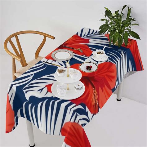 Gzhjmy Flax Rectangle Tablecloth Tropical Flowers Palm Leaves Table