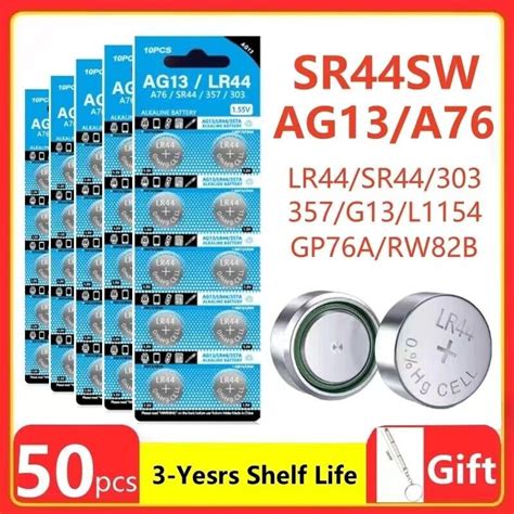 10 50Pcs AG13 LR44 A76 357 357A LR1154 SR1154 SR44 1 5V Button Battery