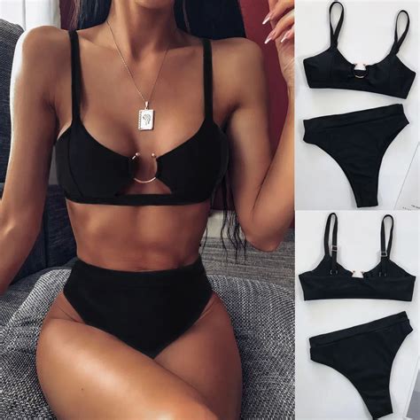 Bikini Bandage brasileño con Push Up para mujer traje de baño negro liso con Micro Tanga