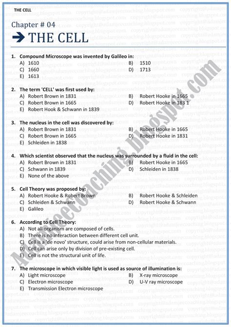 Adamjee Coaching Biology Mcqs Xi The Cell Mcqs