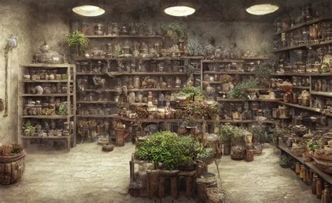 An Herbalist Shop Adobe Wall Simple Wood Shelves Stable Diffusion