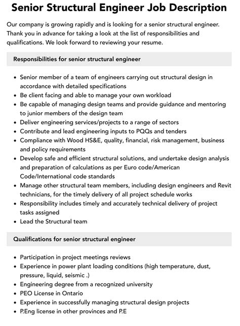 Senior Structural Engineer Job Description Velvet Jobs