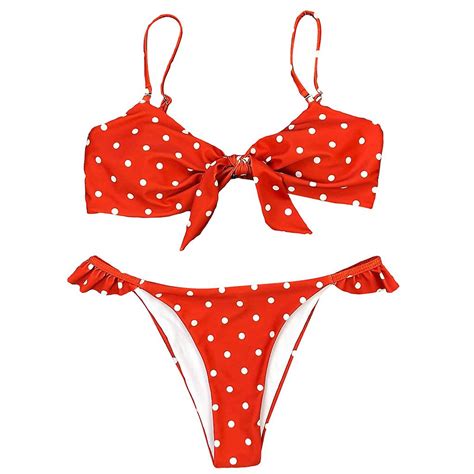 Women Sexy Brazilian Bikini Set Vintage Polka Dot Print Tie Knot Front Swimsuit Ruffle High Cut