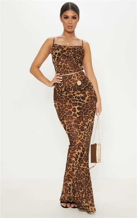 Brown Leopard Floaty Maxi Dress Dresses Prettylittlething Usa