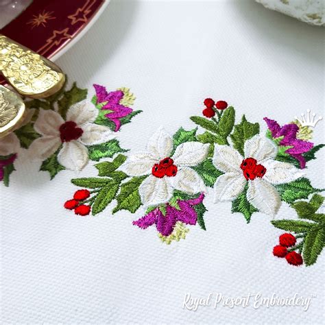 White Poinsettia Border Machine Embroidery Design 2 Sizes Royal