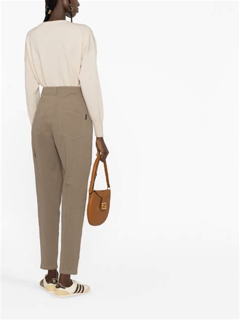 Brunello Cucinelli High Waisted Tapered Cotton Blend Trousers Brown