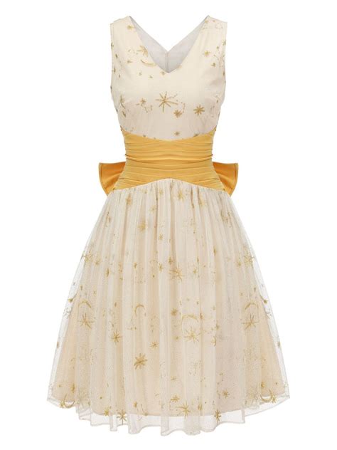 Yellow 1950s Mesh Patchwork Swing Dress Retro Stage