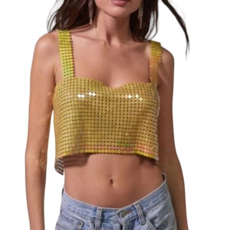 Urban Outfitters Tops Uo Harlow Metal Mesh Cropped Top Chartreuse