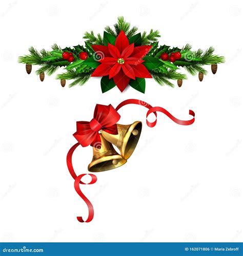 Christmas Decorations With Fir Tree Golden Jingle Bells Stock Vector