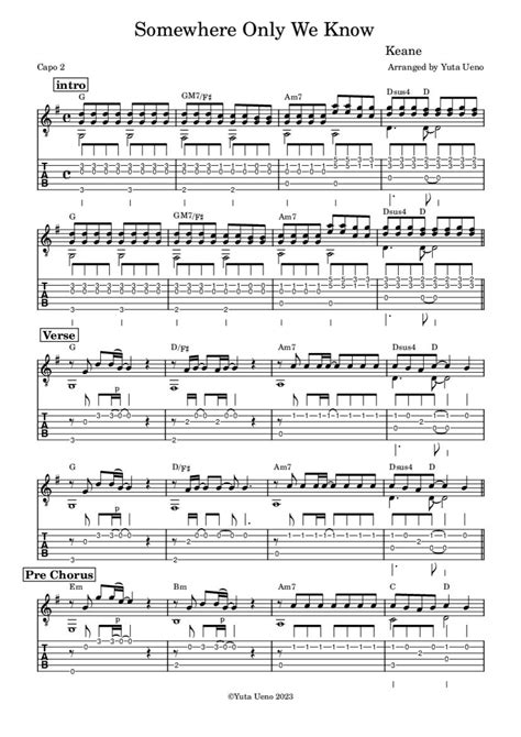 Somewhere Only We Know Keane Fingerstyle Guitar Tab Yuta Ueno