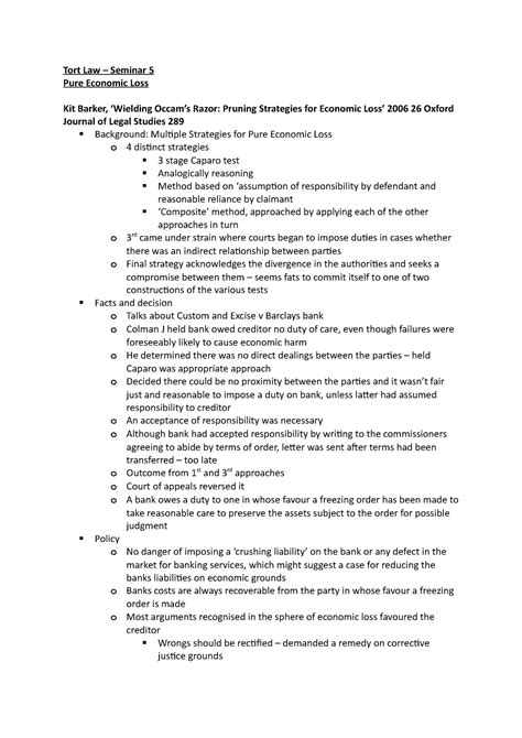 Seminar Economic Loss Tort Law Seminar Pure Economic Loss Kit