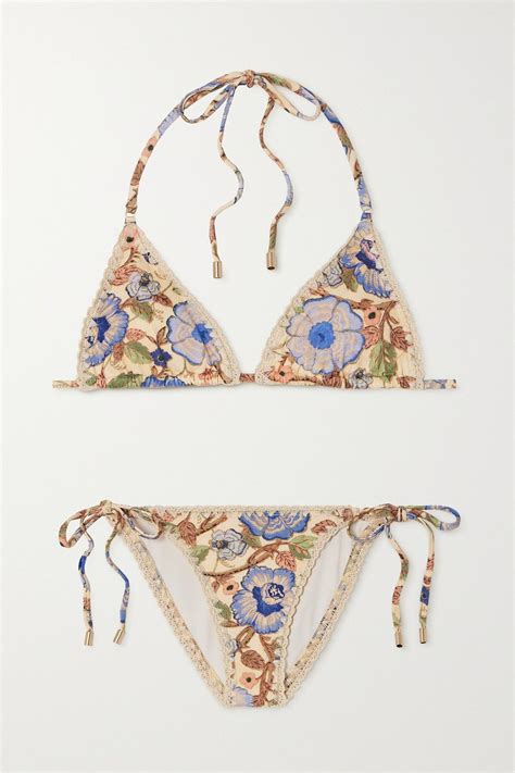 Zimmermann Junie Metallic Crochet Timmed Floral Triangle Bikini In