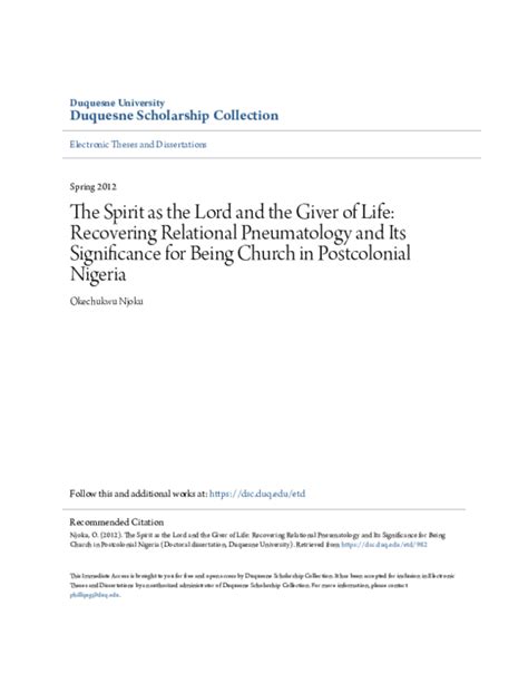 Pdf The Spirit As The Lord And The Giver Of Life Recovering