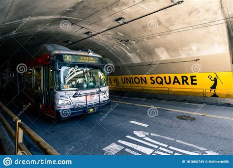 City Bus Driving through Union Square Tunnel in San Francisco ...