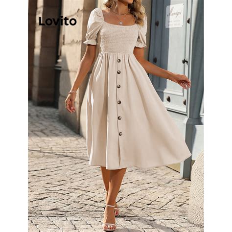 Lovito Vestido Feminino Casual Liso Botão Frontal LBL07187 Shopee