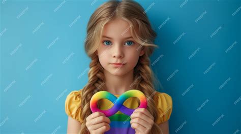 Una Niña Linda Está Sosteniendo El Símbolo Del Arco Iris Infinito