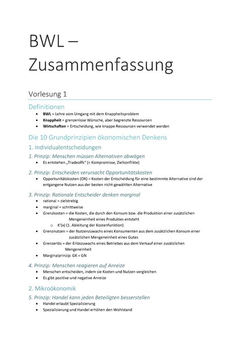 BWL Zusammenfassung Gesamt BWL Lehre Vom Umgang Mit Dem Grenzenlose