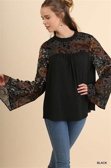 Umgee Velvet Burnout Bell Sleeve Blouse Black Lace Top Long Sleeve