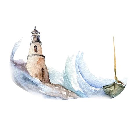 Faro mar ola y barco acuarela ilustración aislado sobre fondo blanco