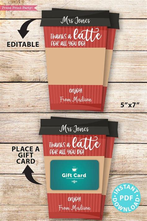 Editable Coffee Gift Card Holder Teacher Gift Printable Template X