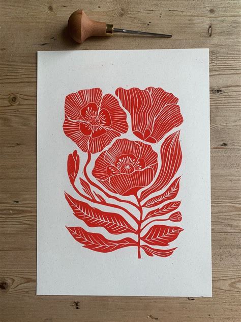 Poppy Flowers Linocut Print Etsy Artofit