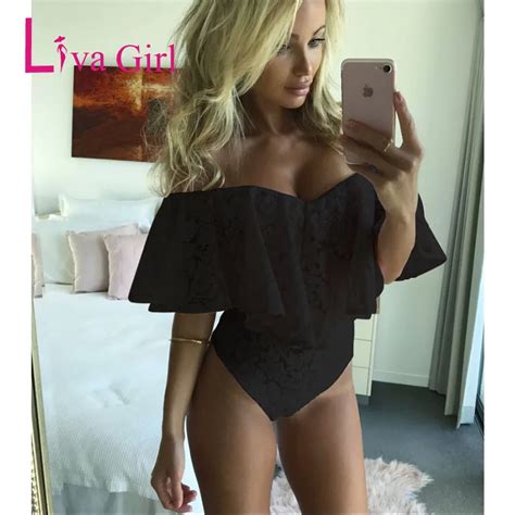 Liva Girl Plus Size Lace Bodysuit Ruffles Off Shoulder Rompers Overalls