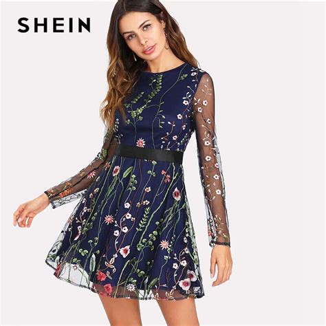 Aliexpress Buy SHEIN Floral Embroidered Mesh Overlay Fit Flare