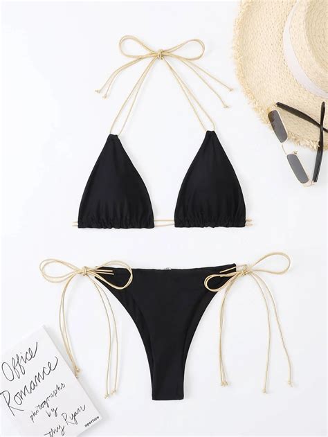 SHEIN Swim Ensemble de bikini métallique ficelle ras du cou