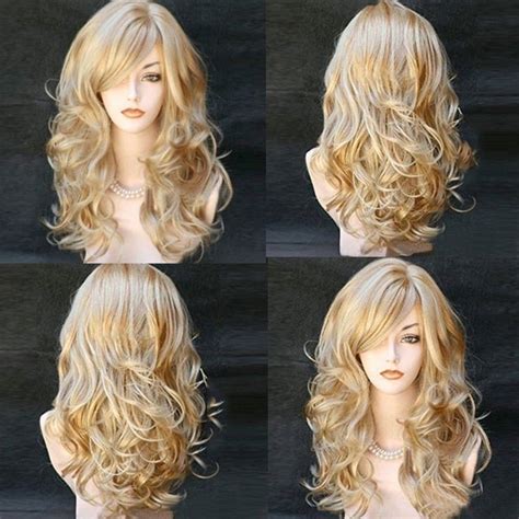 OCDAY Long Wavy Curly Blonde Wig With Golden Highlights Synthetic Bangs For Women Walmart