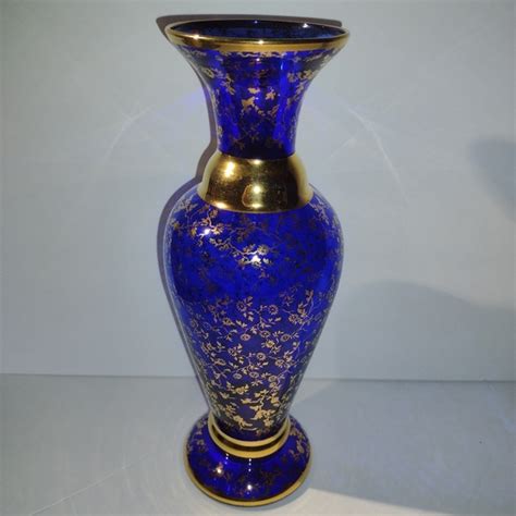 Veccnia Accents Veccnia Murano Glass Vase Tall Blue With Gold