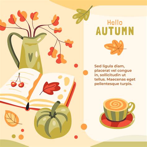 Autumn illustration with a book, coffee, pumpkin, cookies and leaves