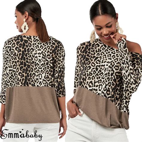 Sexy Women Leopard Print Blouse Long Sleeve Patchwork O Neck Loose