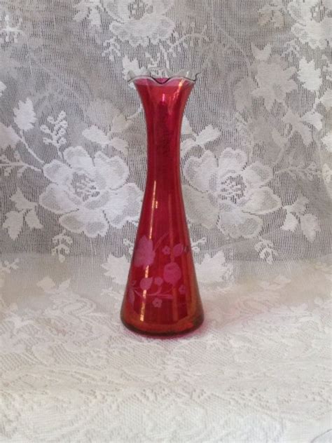 Hand Etched Blown Cranberry Flash Bud Vase Fluted Rim Etsy Bud Vases Vintage Art Glass