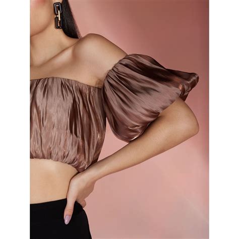 Buy Rsvp By Nykaa Fashion Brown Off Shoulder Ruched Crop Top Online