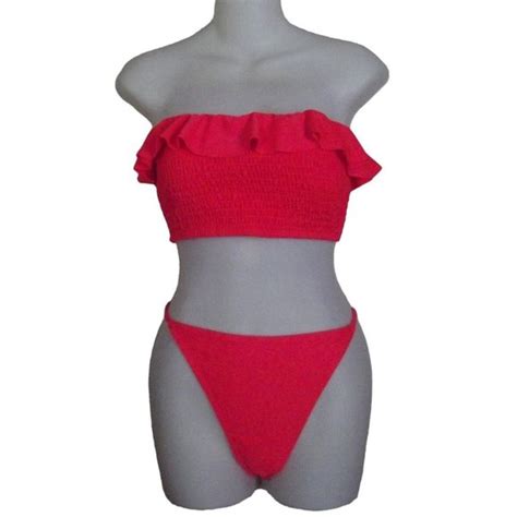 LA LA SWIM Swim La Swim Bikini Xl Neon Orange Strapless Shirred Ruffle Top Full Coverage