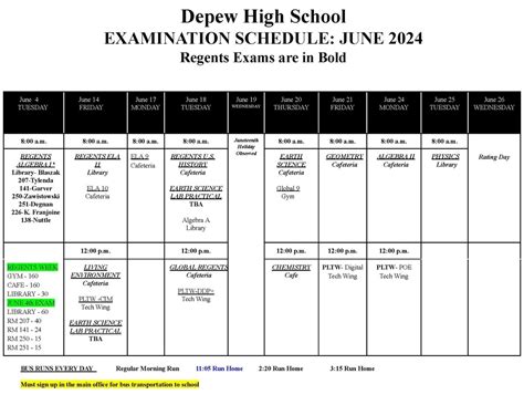 Regents Exam Schedule June 2024 Depew Union Free School District